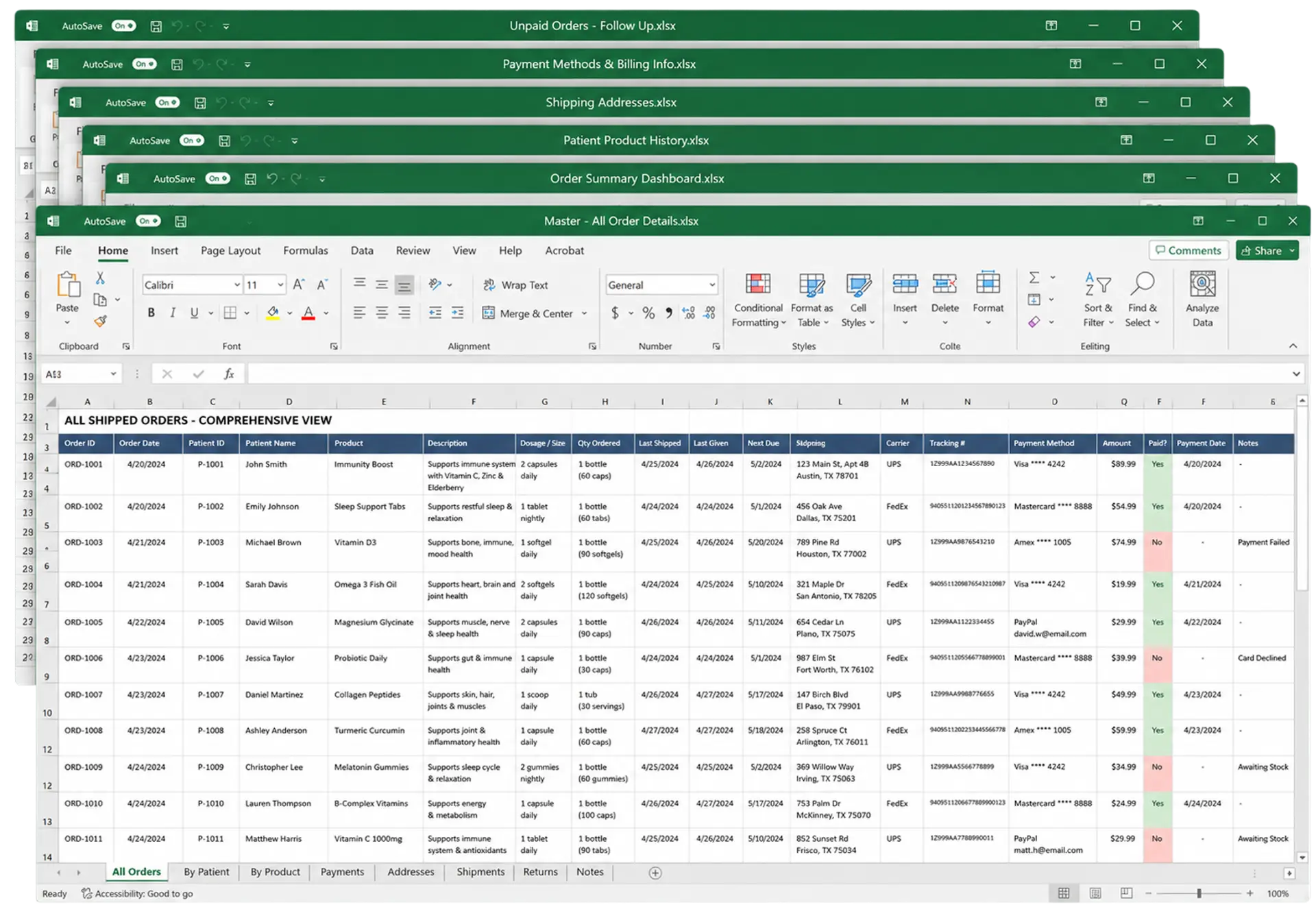 Stacked spreadsheets tracking orders, payments, and shipping