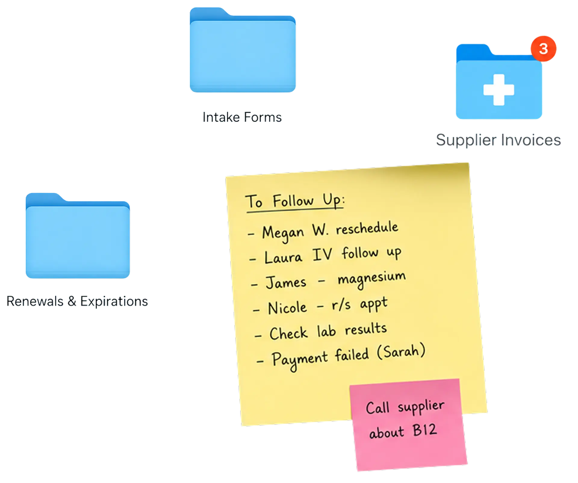 Folders for intake forms, renewals, and handwritten follow up notes